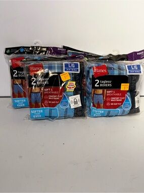 Hanes 2-Pack Tagless Boxers in Blue Plaid and Black - L/G-Bundle of 4 packs